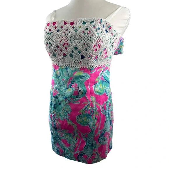 Lilly Pulitzer Brynn Strapless Dress Lobsters In Love Razz Crochet Shift Size 8 - Picture 4 of 16
